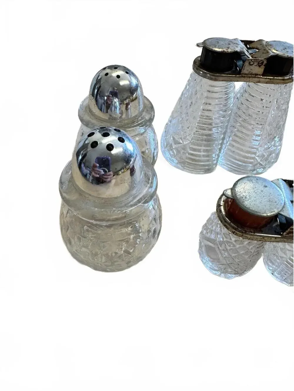 Vintage Glass Salt & Pepper Shakers Lot 3 Sets Metal Tops
